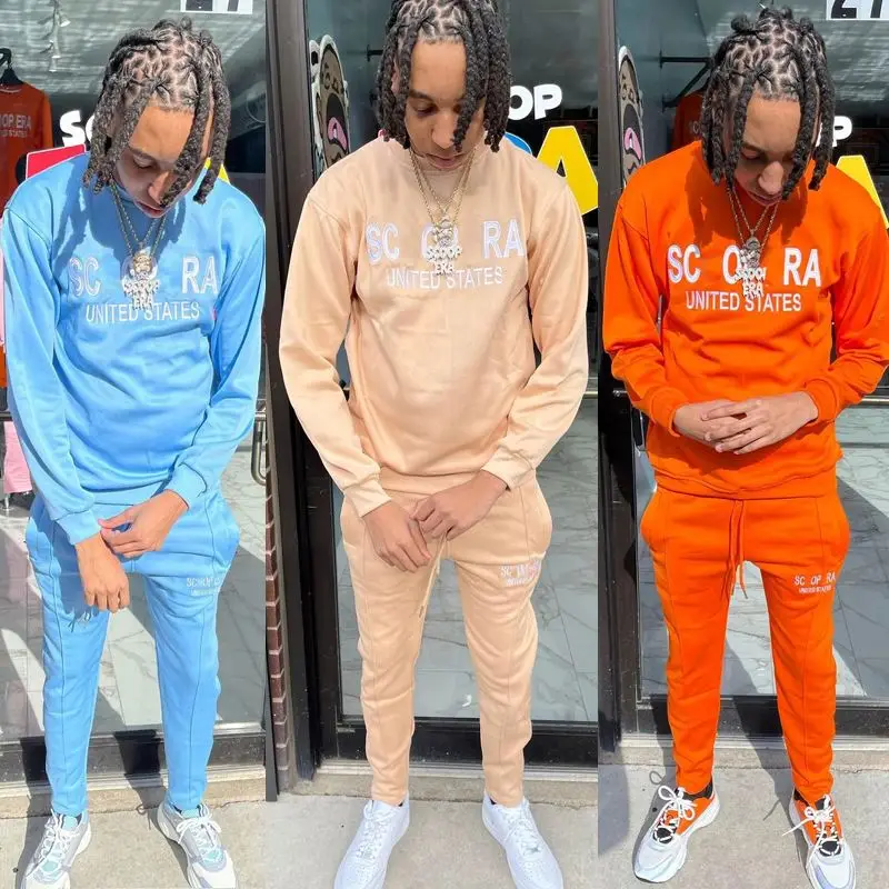 Custom Embroidered Printed Logo Men Tracksuit Cotton Polyester Two Piece Pants Set