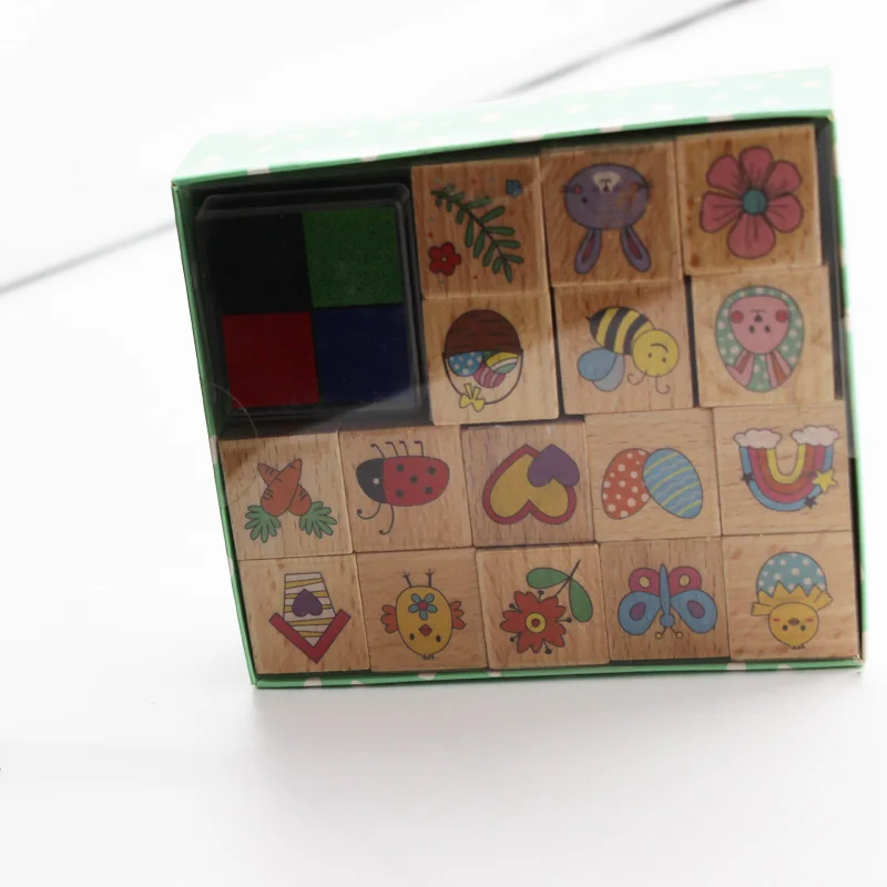 Low Price Preschool Stamping Toys Flower, Nature & Butterflies Wooden Stamp Set With 4+1 Colors Ink Pads for Kids Gift