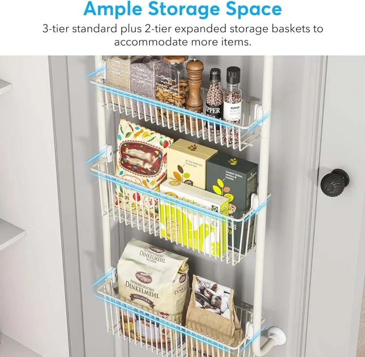 6-Tier Mesh Basket Hanging Wall Mounted Pantry Door Organizer Over the Door Spice Rack with Adjustable Hooks for Kitchen Bathro