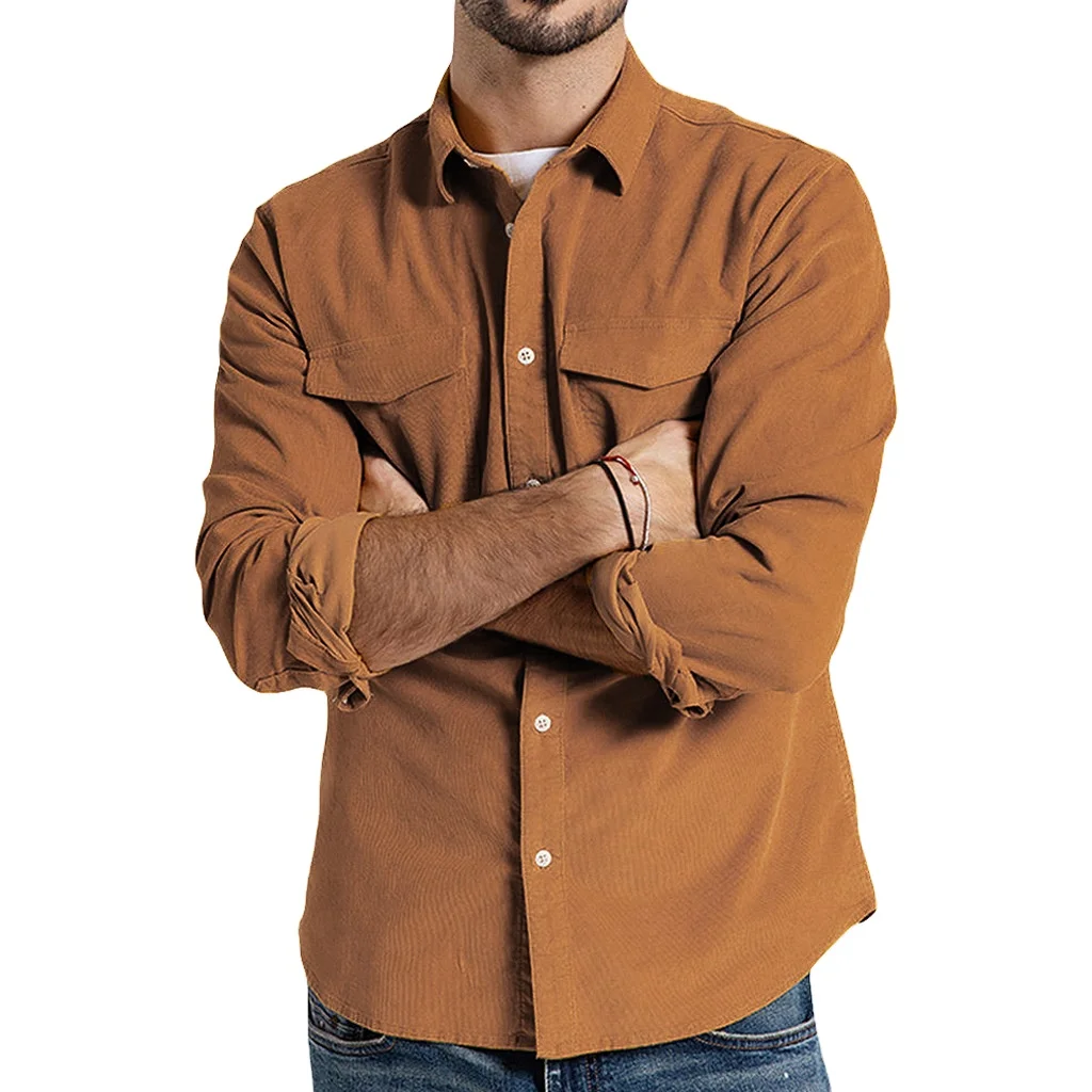 OEM Long Sleeve Two Flaps Pockets Slim Fit Corduroy Shirt For Men