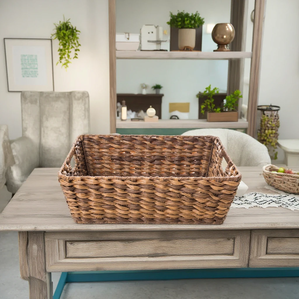 Multi-Functional PE Rattan Storage Basket Rectangle Design Cutout Handle Plastic Wicker Folding Hanging Organizing Laundry