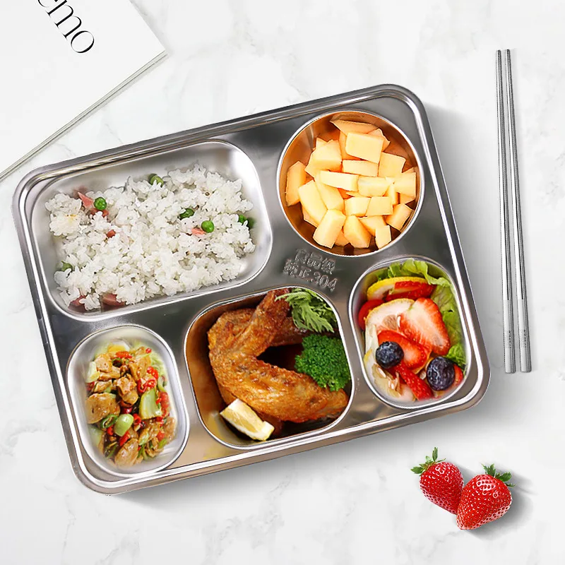 IKITCHEN 4 5 Compartment 18/8 Stainless Steel Plates Divide Food Lunch Fast Box Container Tray for School