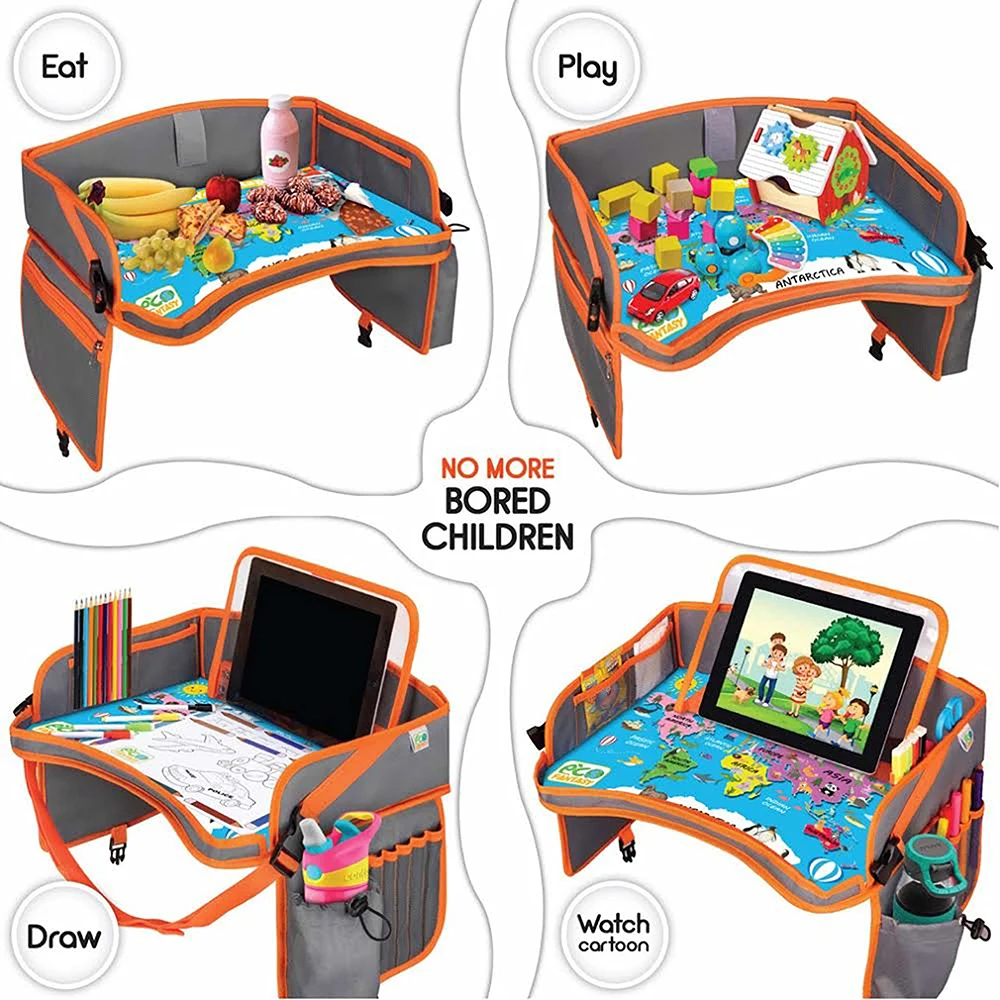Hot Sell Foldable Snack and Toy Kids Travel Tray Toddler Lap Desk Organizer Carseat Table Tray for Kids Road Trip Activities