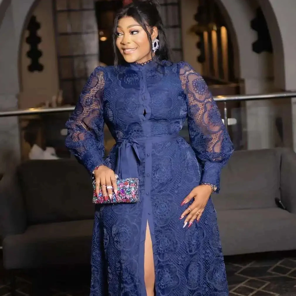 Newest Large size Single-Breasted Long Sleeves Solid Color Elegant Fashion Evening Party  Lace tunic Woman Dress