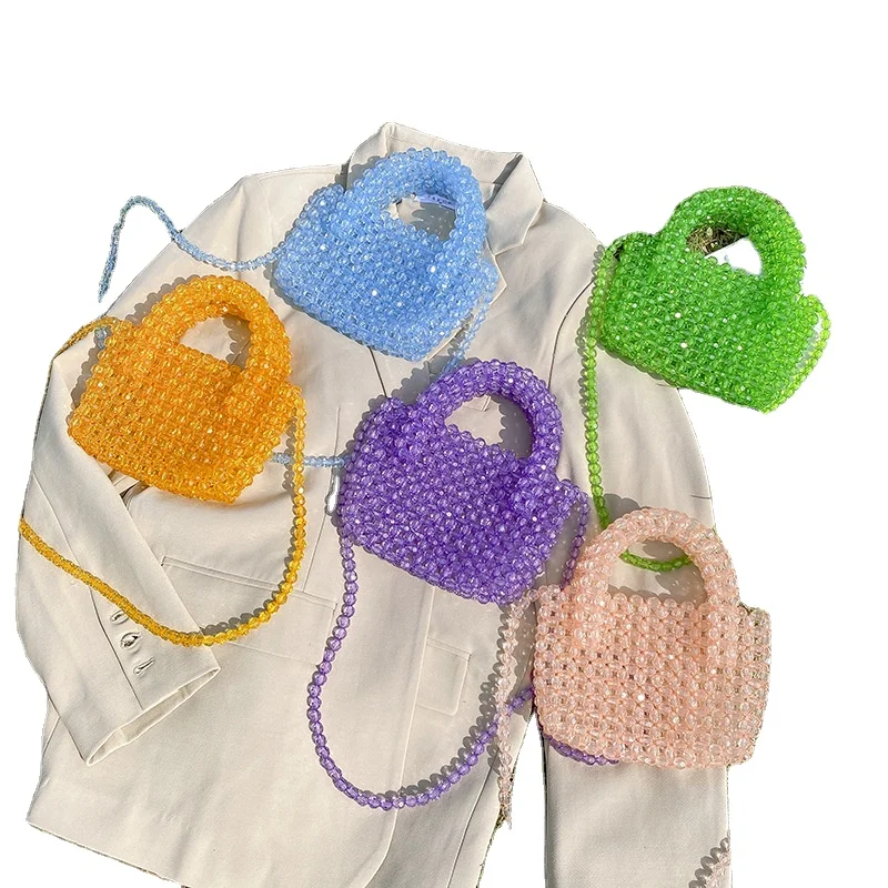 Diy Hand woven colorful beads bag women transparent crystal beaded bag handbag