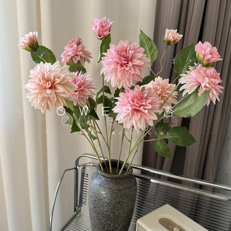 CM-TH701 Florist Wholesale Artificial Flower 3 Head Silk Hot Pink Dahlia for Wedding Decor