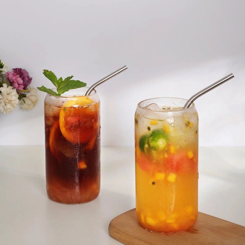 16oz New Arrival Hot Sale High Borosilicate Glass Drinking Beer Can with Bamboo Lid with Straw