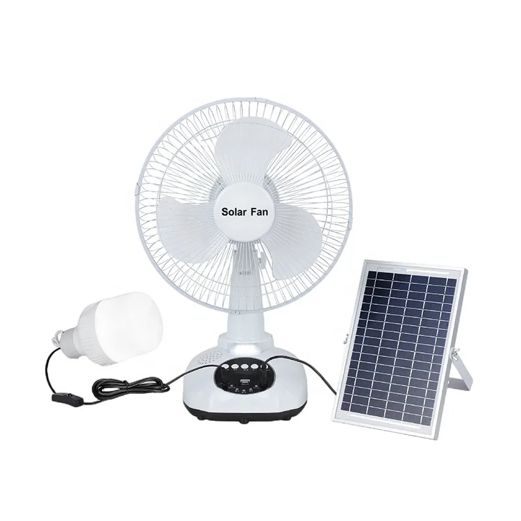 Table fan 5200mah 12W 12inch solar chargeable fan with 3m bulb light USB charging interface with 6W polysilicon a plate 9V