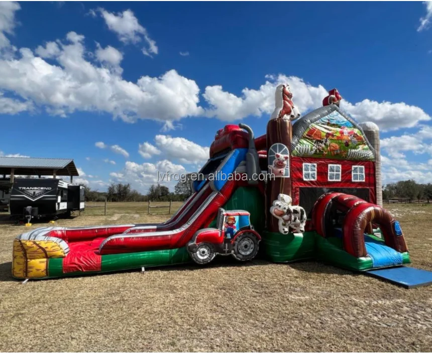 Farm House Outdoor Games Jumping Bouncing Castle With Inflatable Slide For Kids