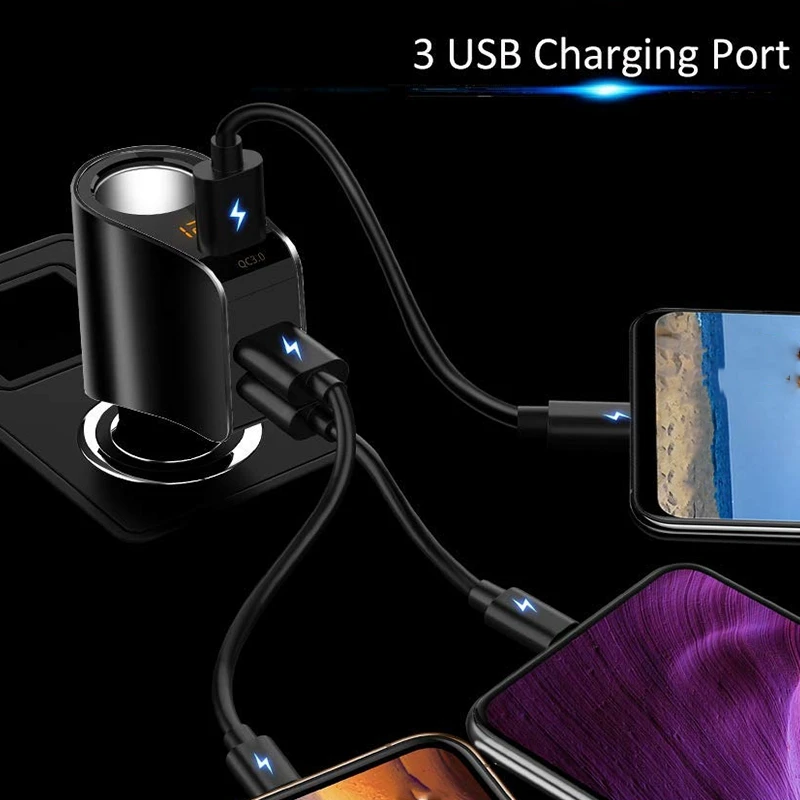  Дисплей напряжения 3 USB A Выход Автомобильное зарядное устройство прикуриватель