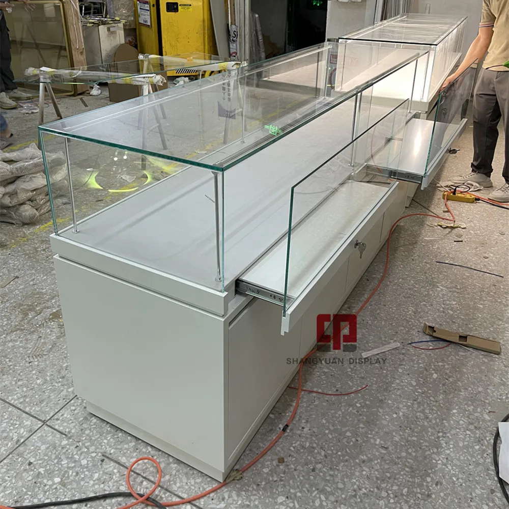 High Quality White Jewelry Display Showcase High end Gold Jewelry Glass Display Case Custom Jewelry Showcase Manufacturer
