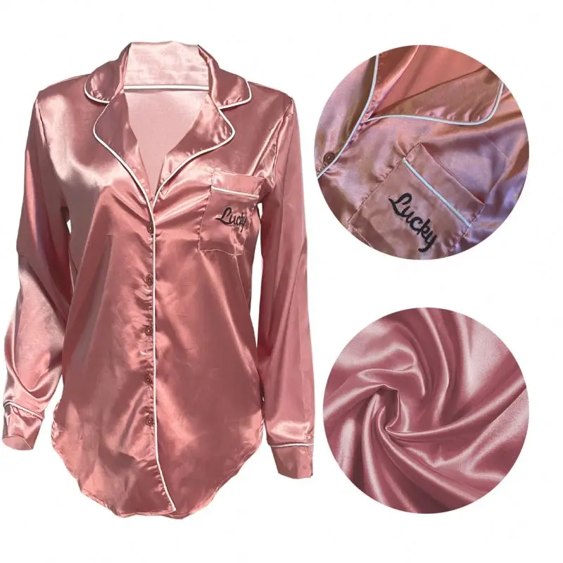 long sleeve shirt lounge wear silk pajamas night wear pyjamas women sleepwear nightgown