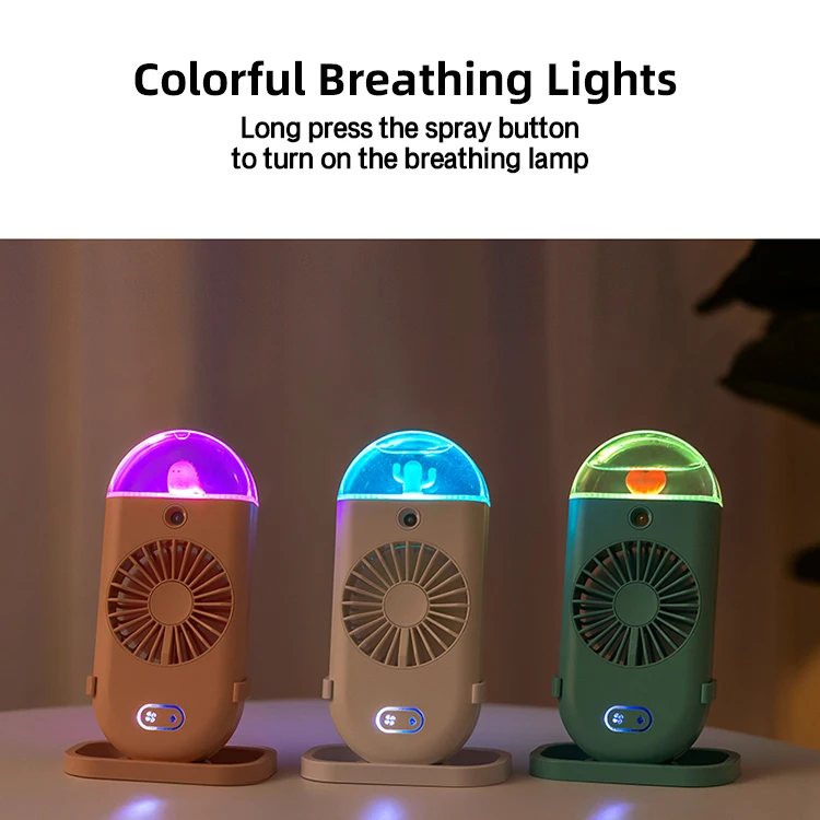 Outdoor USB Rechargeable Handheld Humidifier Fan Water Mist Air Cooling Tabletop Fan Night Light Spraying Portable Mini Fan