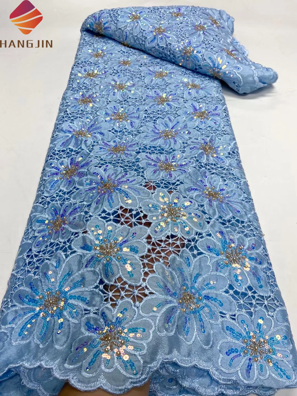 African Chiffon Lace Guipure Lace Fabric Embroidery With Sequins Mesh Fabric Milk Silk Cord Lace For Nigerian Women Wedding