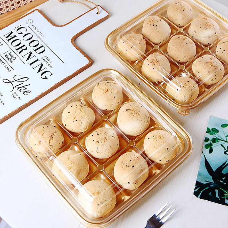 IMEE Plastic 9 Grid Puff Mini Cake Roll Dessert Moon Cake Cookie macaroon sweet Bakery Packaging Box With Clear Lid