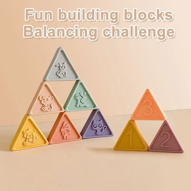 Animal digital shape silicone soft triangle animal pattern block without bisphenol A educational baby stacking toy