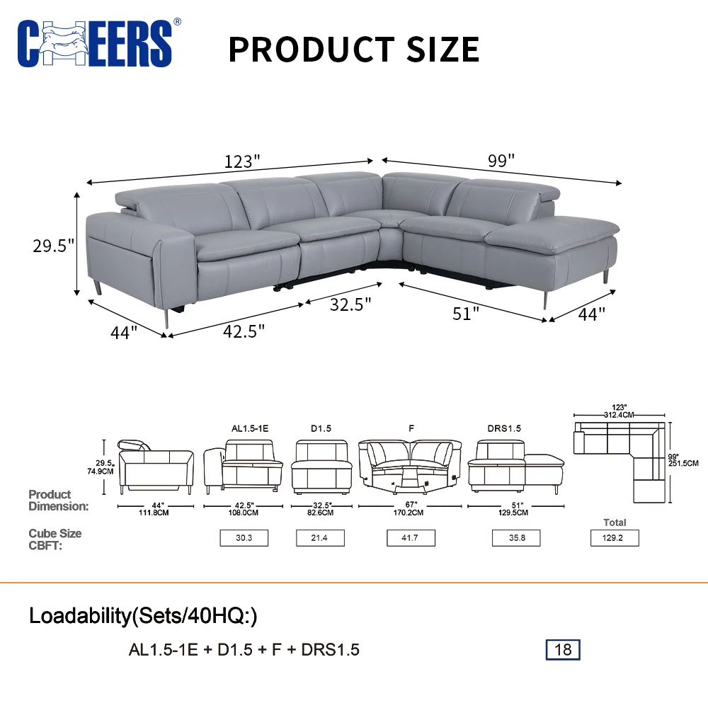 MANWAH CHEERS Grey Modular Furniture Recliner Couch 4 Seater Sectional Sofa Reclining Corner Leather Living Room Set