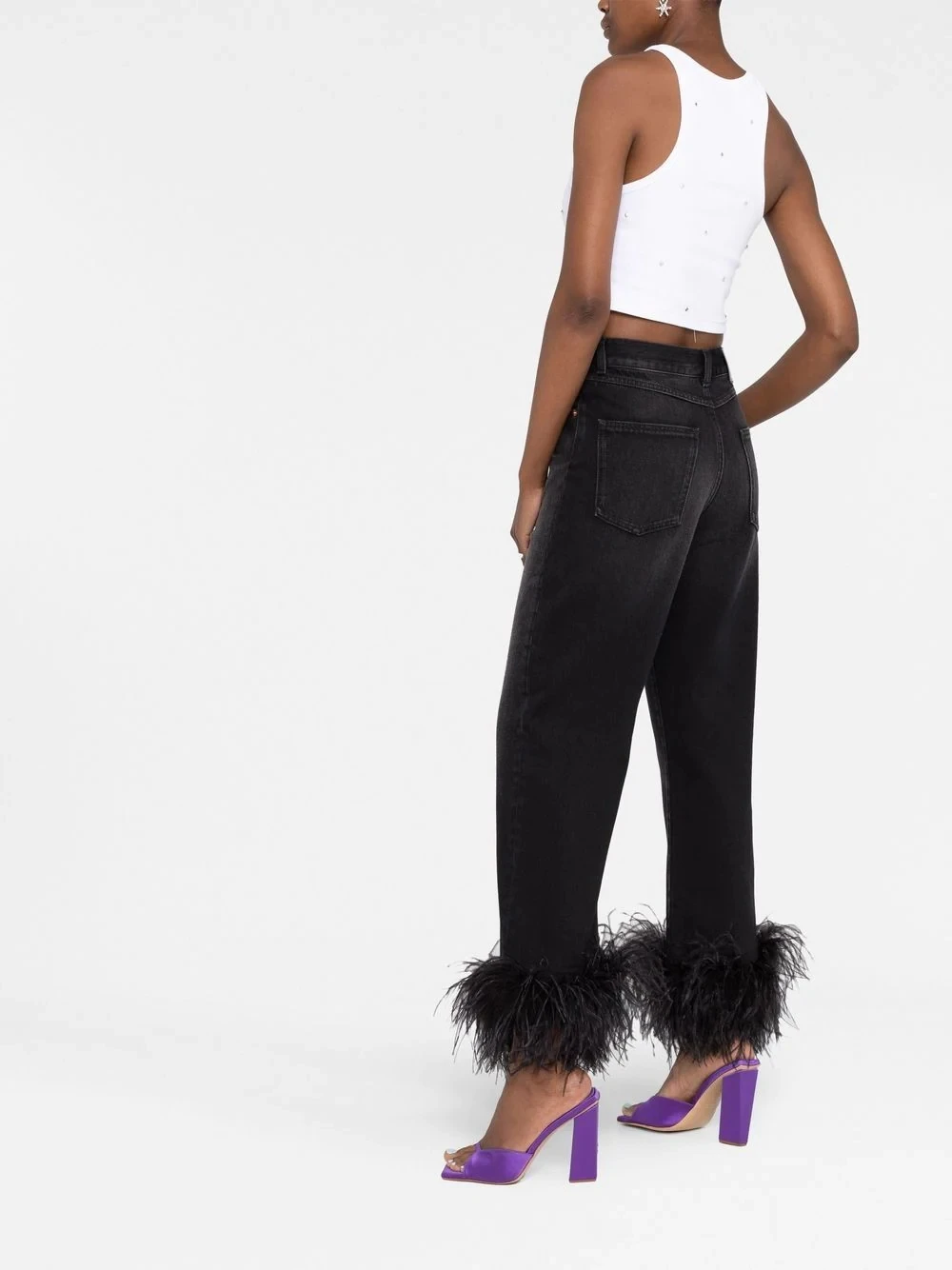Fashion Casual Ladies Stretchy Denim Feather Trim Straight Leg Jeans For Women