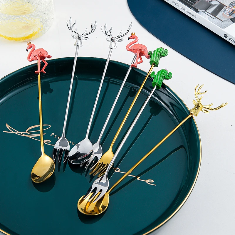 Новый запуск, креативная вилка для фруктов в форме кактуса, ложка для лося, набор вилок для перемешивания фламинго