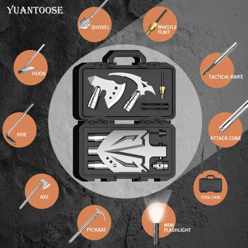 Adjustable Survival Shovel Axe Combos Kit Multitool Camping Tool Axe Shovel Tool Box For Outdoor Adventure