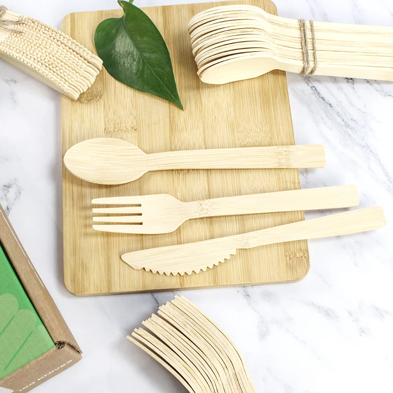 Picnic use 100 pcs pack eco friendly 100% disposable bamboo cutlery with custom box