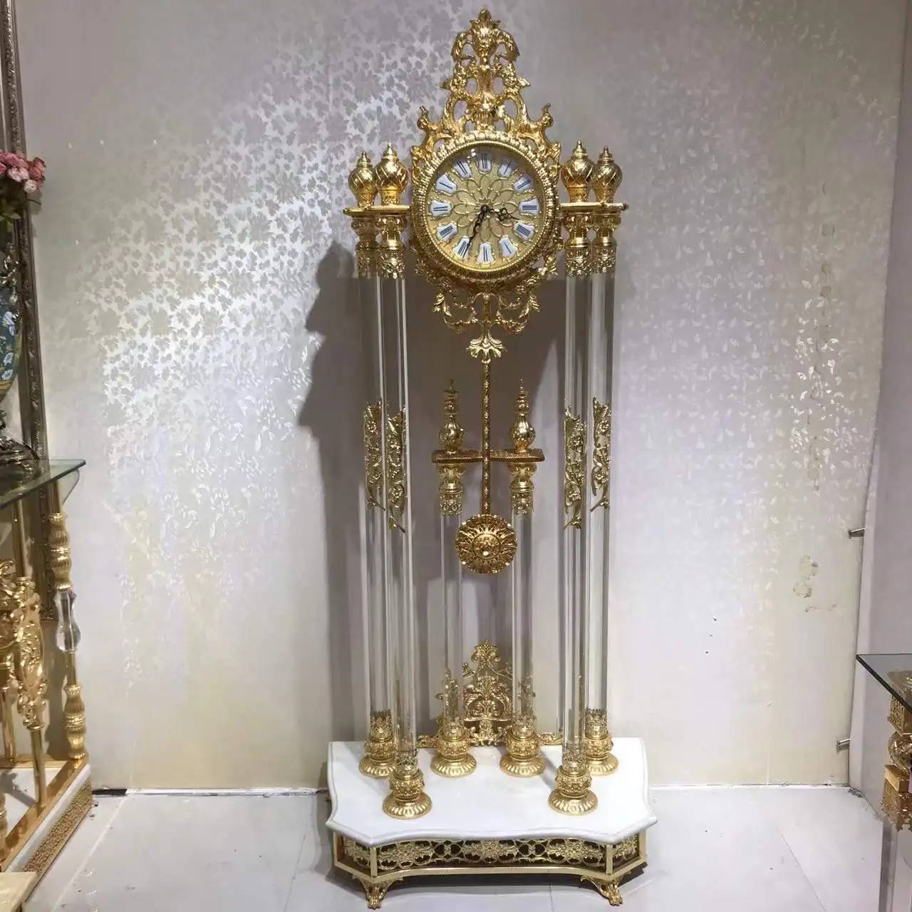 Grandfather Clock Golden Copper Black Crystal Deluxe Antique Floor Antique Royal Clock Floor