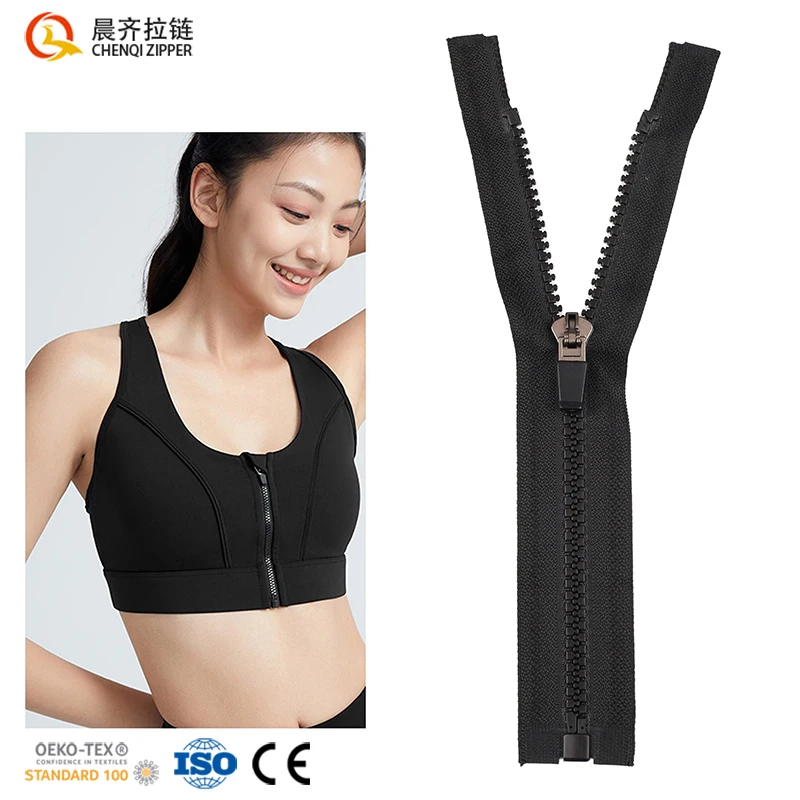 Eco-friendly auto lock zippers #5#8 black open end zipper  single open plastic rubber zips women sport bra with zip workout top