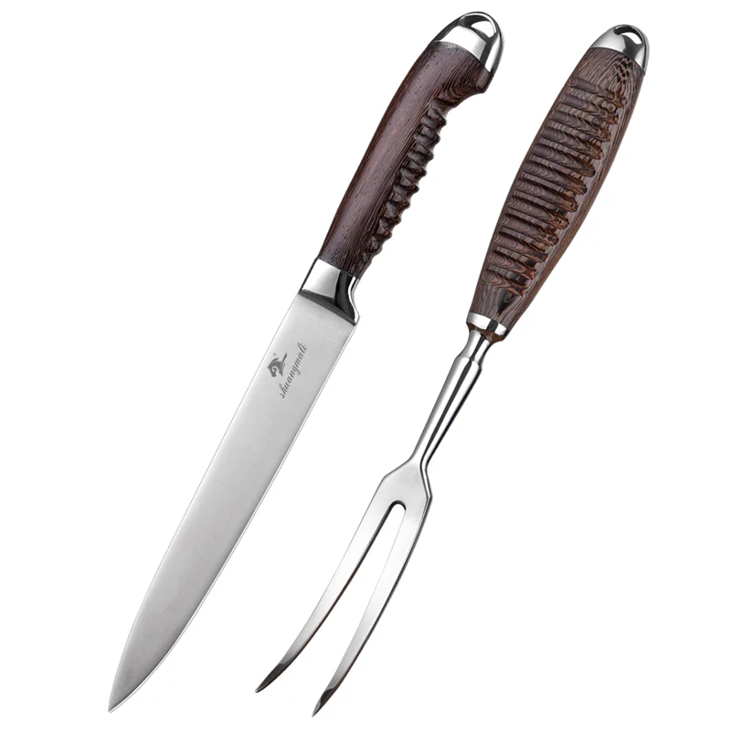 
BBQ 2PCS Stainless Steel Carving Knife and Fork Kitchen Tool Set With Nature Wood Handle 