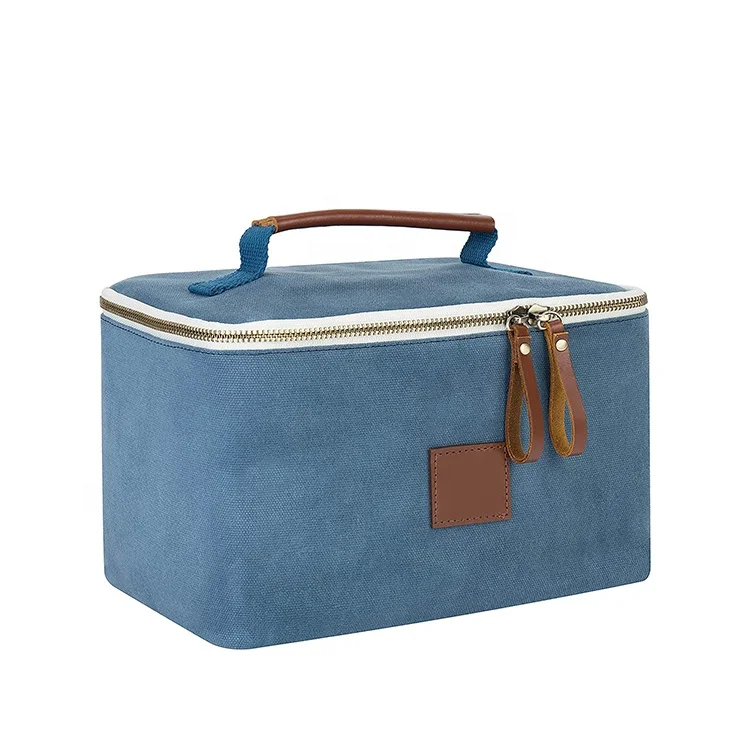 Waxed Canvas Lunch Bag Blue Mens Thermal Meal Prep Lunch Cotton Cooler Box for Men Freezable Eco Rectangle Insulated Lunch Bag