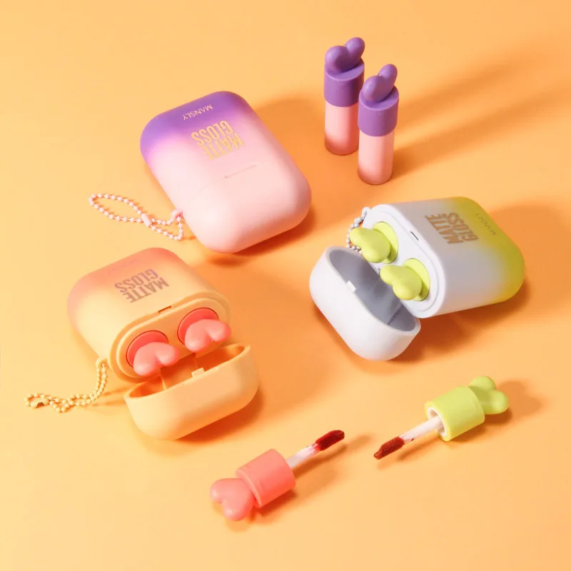 2 Packs Foggy Surface Matte Liquid Lipstick Mini Cute Airpod Lipstick Lip Gloss set
