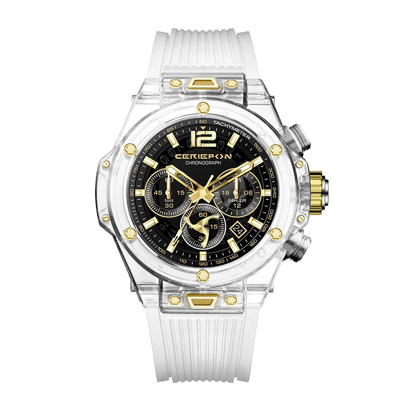 Custom Bulk Cheap Chronograph Quartz Transparent Plastic Water Resistance Watches