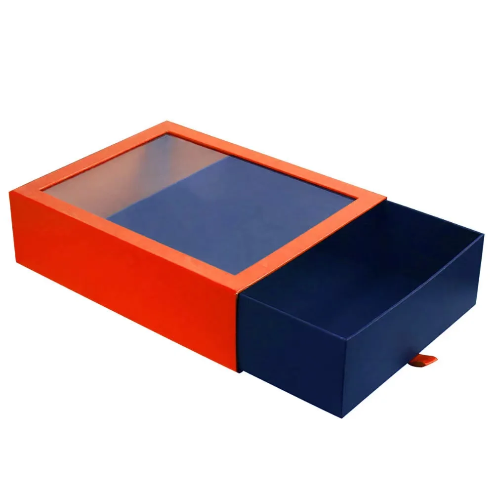 Customize Thin Rectangle Packaging Clear PVC Window Paper Boxes Slid Drawer Gift Package Box with Clear PVC Window Lid