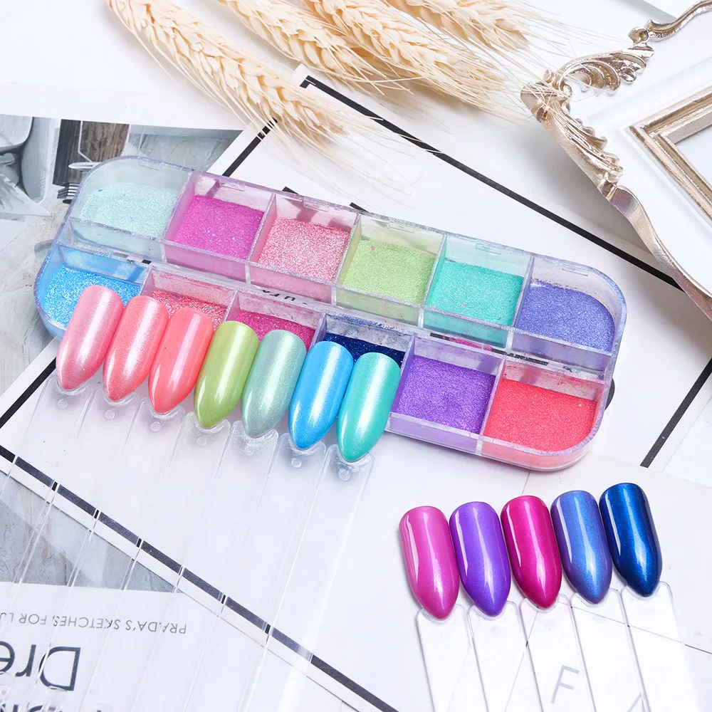 12grids white pearl chrome powder nails aurora glitter mirror pigment pearl powder