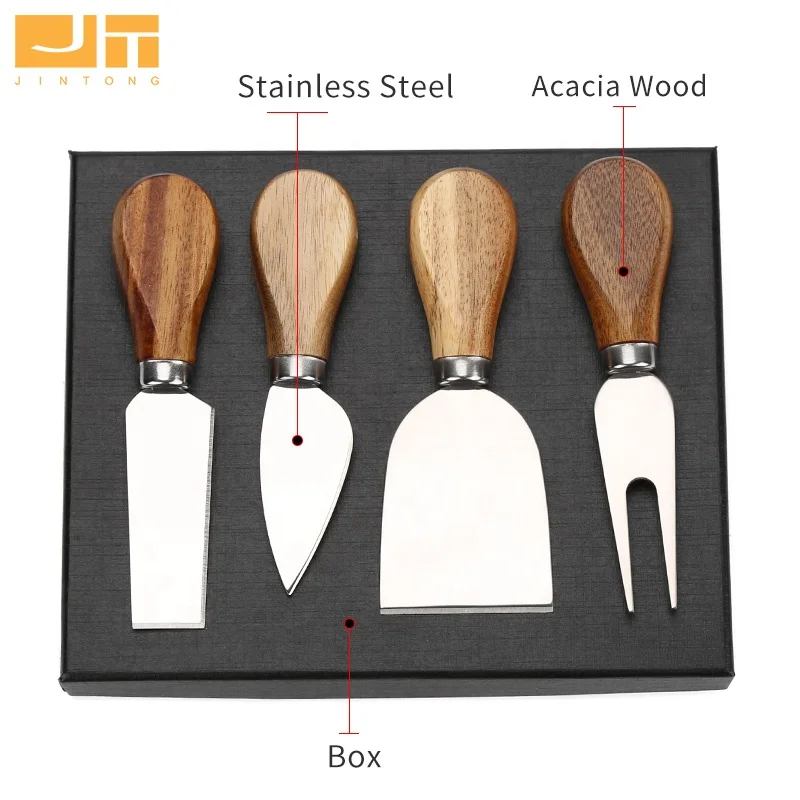Set of 4 pcs Cheese Tools Set with Acacia Wood Handle Stainless Steel Cheese Knife Set Box