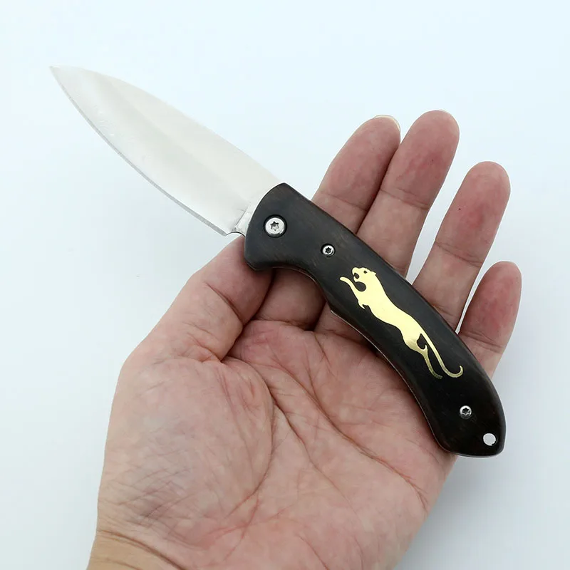 3-layer composite sandwich steel Folding Knife Custom Leopard pattern Ebony Handle Pocket Knife Tactical Survival Hunting knife