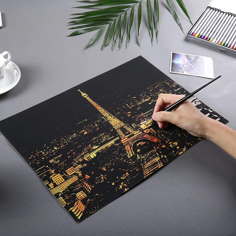 16X11.2 Inches YUELU DIY Art Craft City Night Painting Sketch Pads Scratch Painting Rainbow Scratch Drawing for Adults Kids