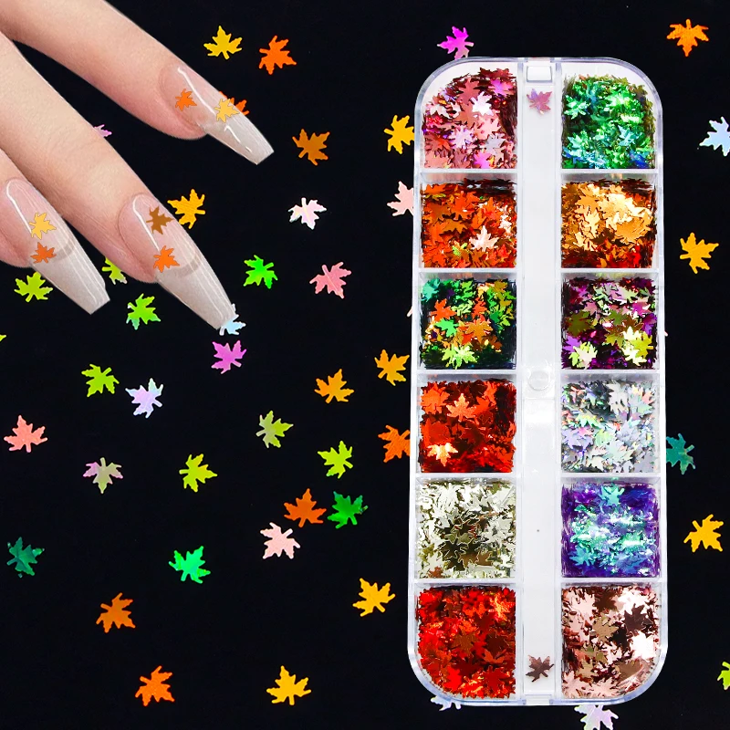 12 Grids Mixed Color Gradient Leaves Nail Art Decoration Glitter Powder Christmas Autumn Maple Nail Sequins