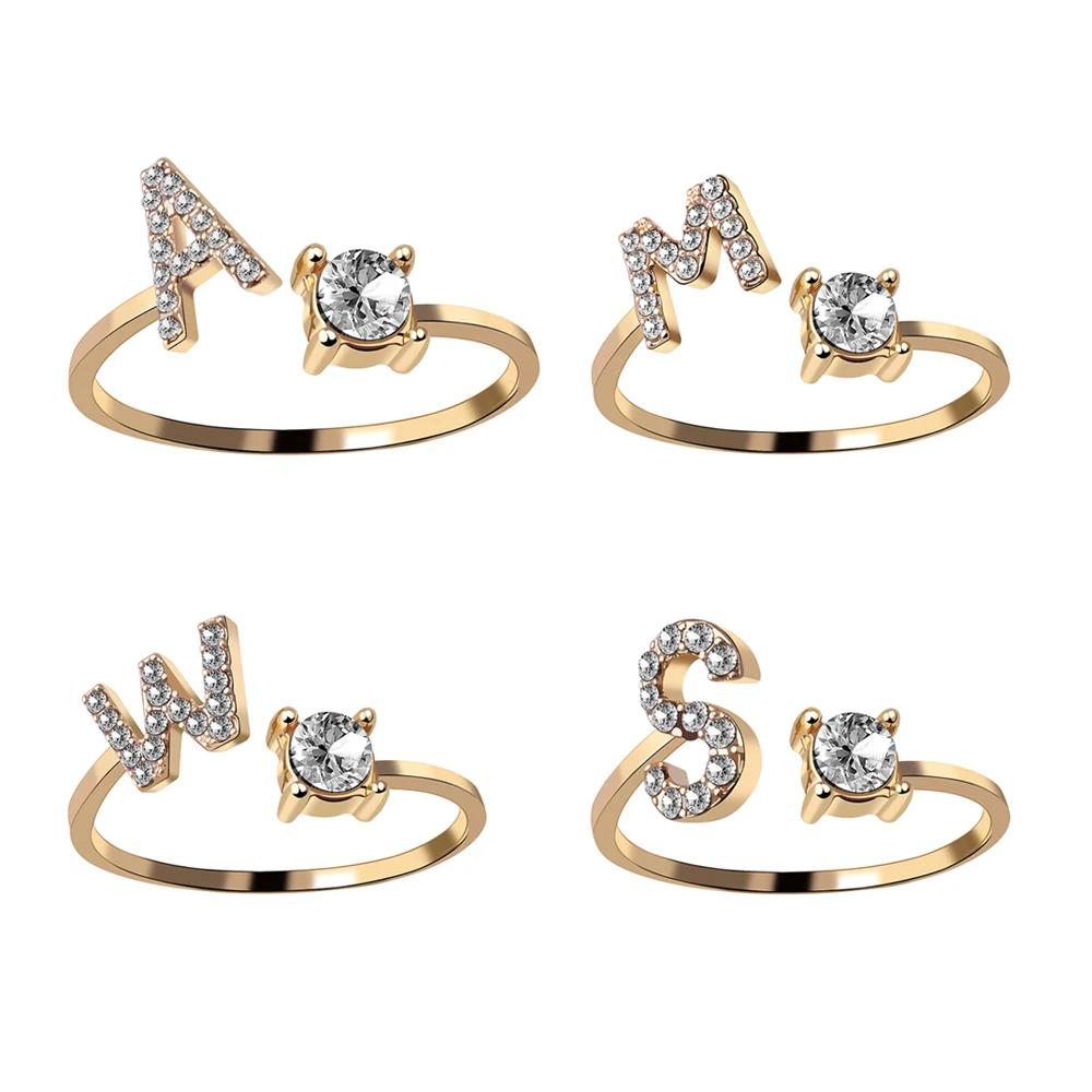 A-Z Letter Gold Color Metal Adjustable Opening  Dimond Ring Initials Alphabet Female Finger Rings Trendy Rings