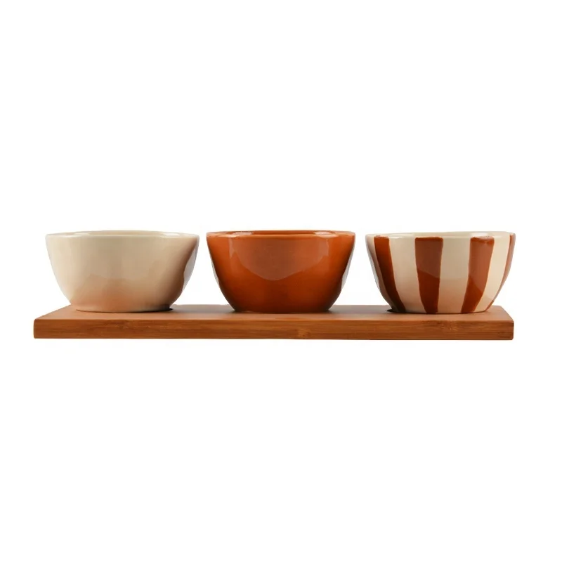 Set Of Three Handcrafted Kitchen Seasoning Ceramic Container Ceramic Condiment Bowls With Bamboo Base