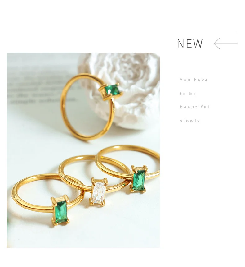 Fashion jewelry High Quality 18k Gold Plated Stainless Steel green White Zircon Finger Ring For Women