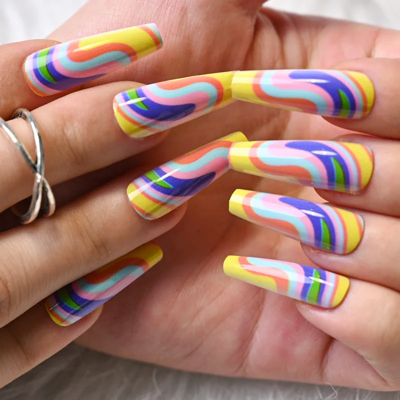 Wholesale 24pcs Long Coffin Acrylic Blue Fire Style False Nails Nail Art Luxury Artificial Fingernails Press On Nails