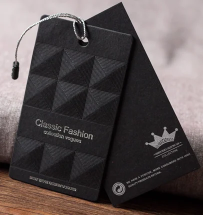 Custom thick black paper uv printing swing hang tags brand name luxury metal eyelet clothing garment hang tag with safety pin