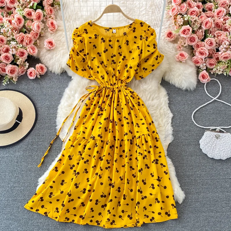 Hot-selling Summer Dress Retro Girls Bubble Sleeve Empire Waist Medium Style Round Collar Floral Dress
