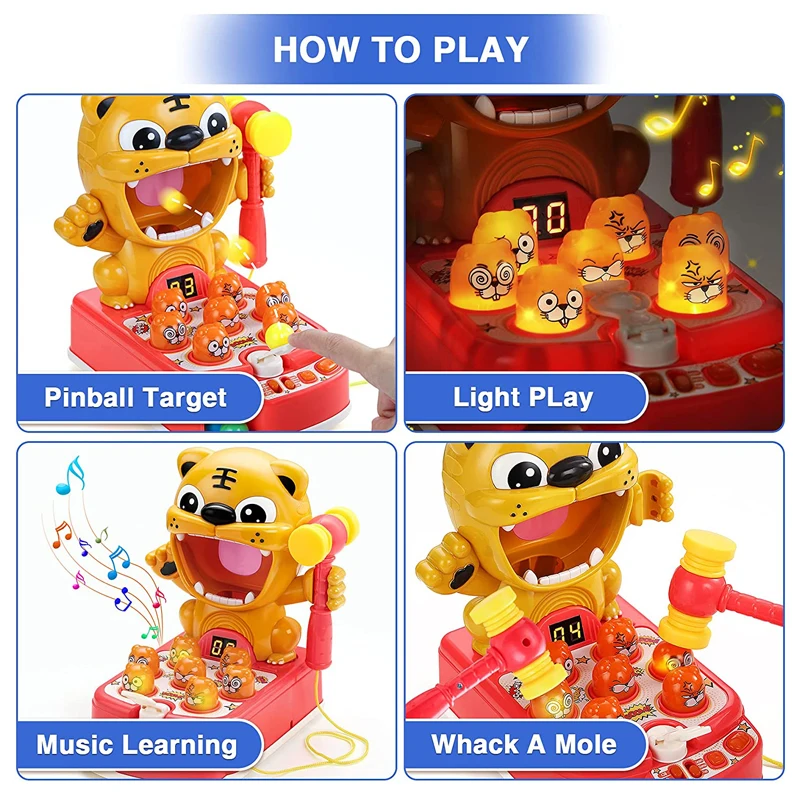 Interactive Educational Hammering Pounding Toy with Music Tiger Target Shooting Games Whack A Mole Game for Kids Toys