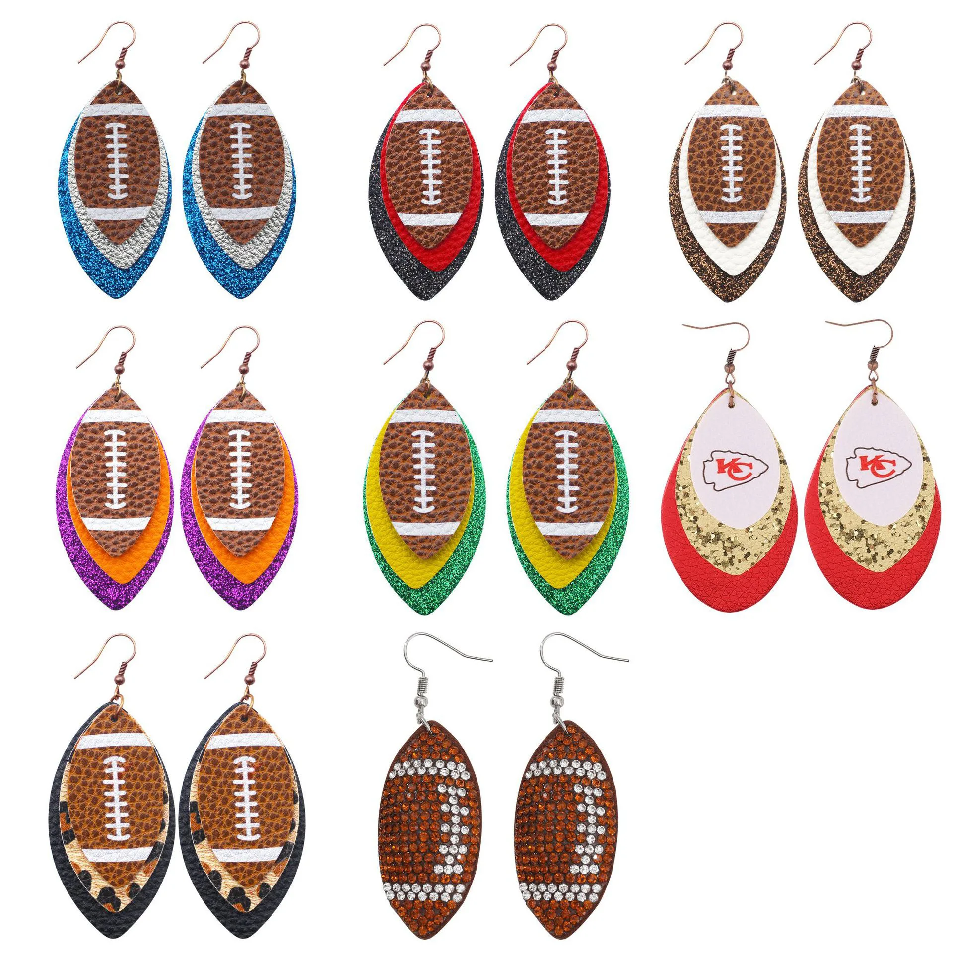Sporty style rugby brown leopard leaf three-layer leather dot diamond rugby earrings
