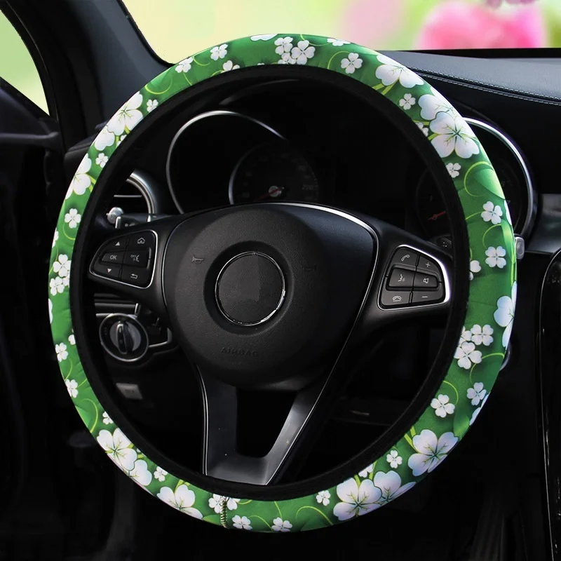 With car logo elastic print pattern universal car steering wheel cover custom with blue lady on it car steering wheel cover set