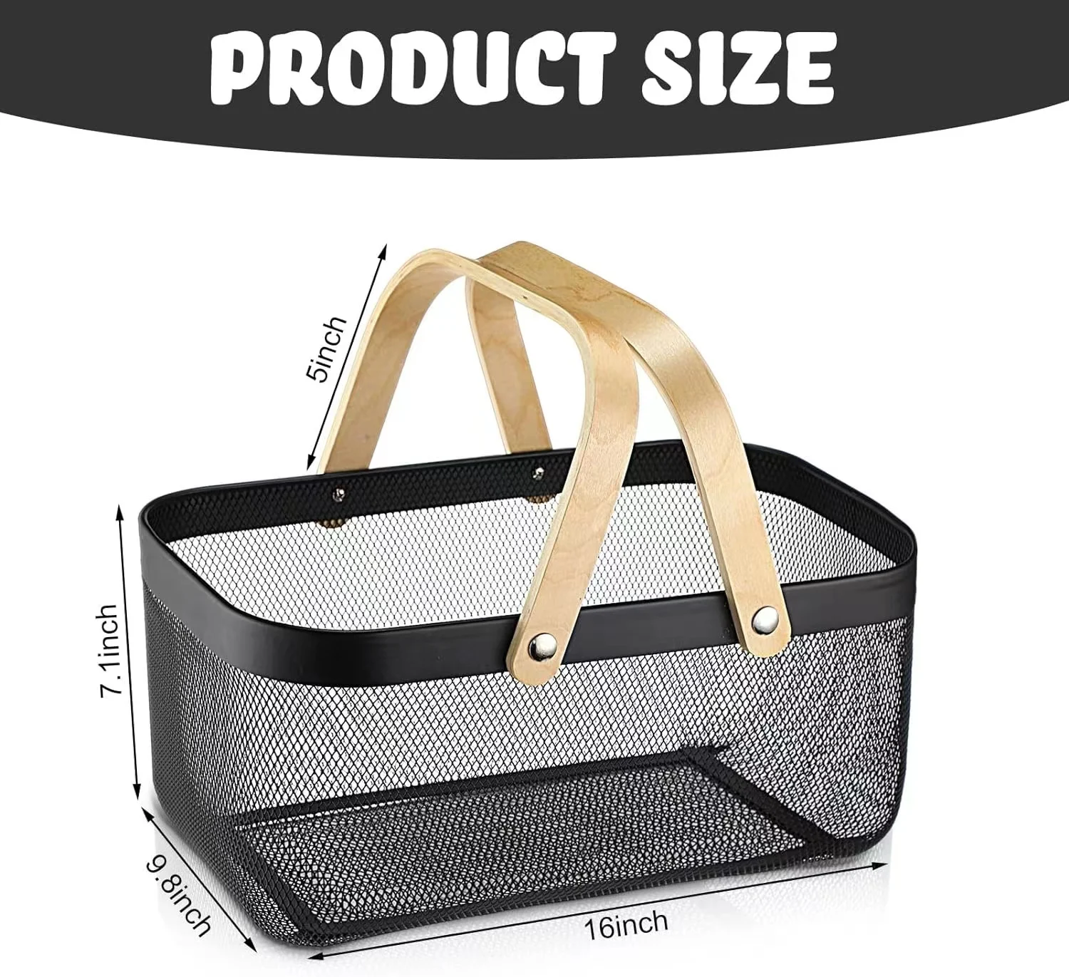 Metal Mesh Steel Basket for Storage  Multifunction Wire Baskets with Wooden Handle 3 Shapes Multiple colors