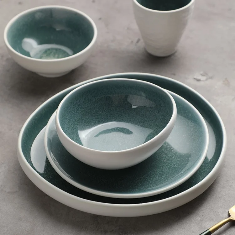 Darkcyan Colors Reactive Porcelain Dinner Set Person Soup Bowls Salad Ceramic Dinner Plates Restaurant Irregular Dinnerware Sets