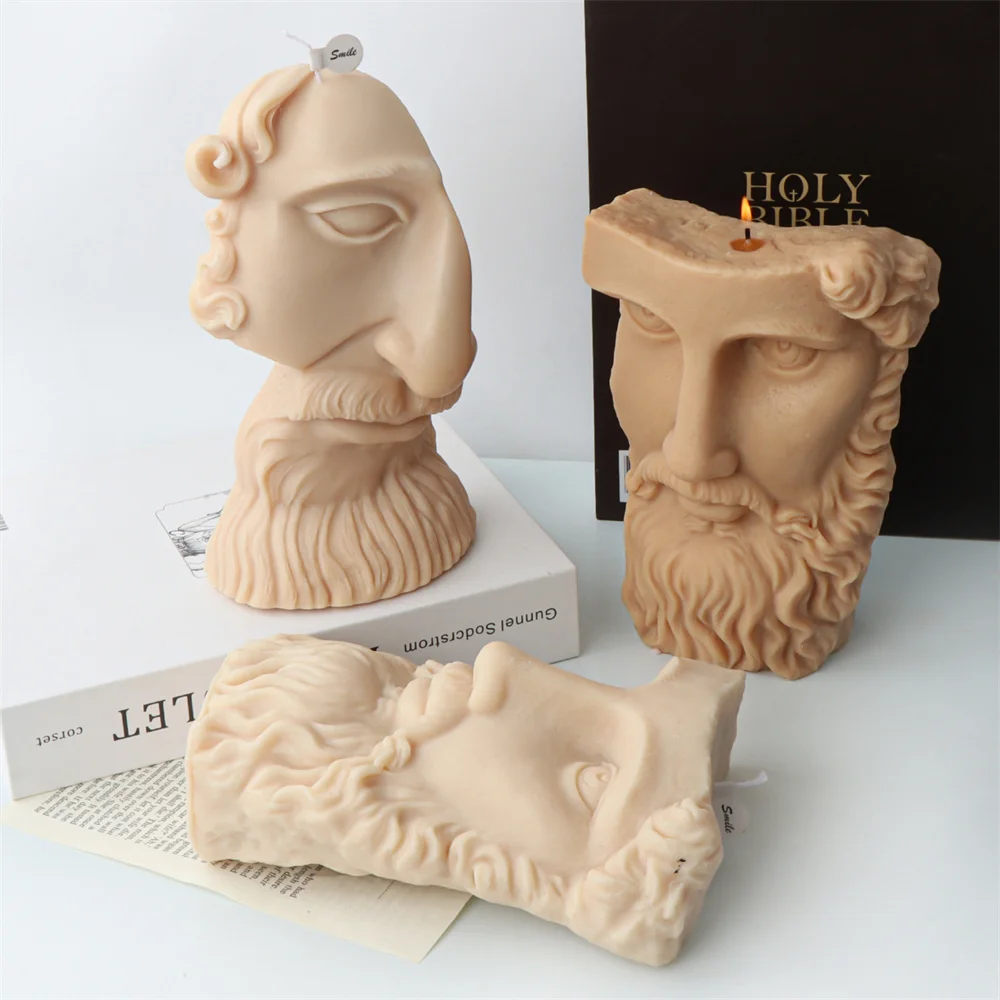 Greek Abstract Art Portrait Prometheus Candle Silicone Mold Freud Half Face Beard Man Statue Religion Man Silicone Model