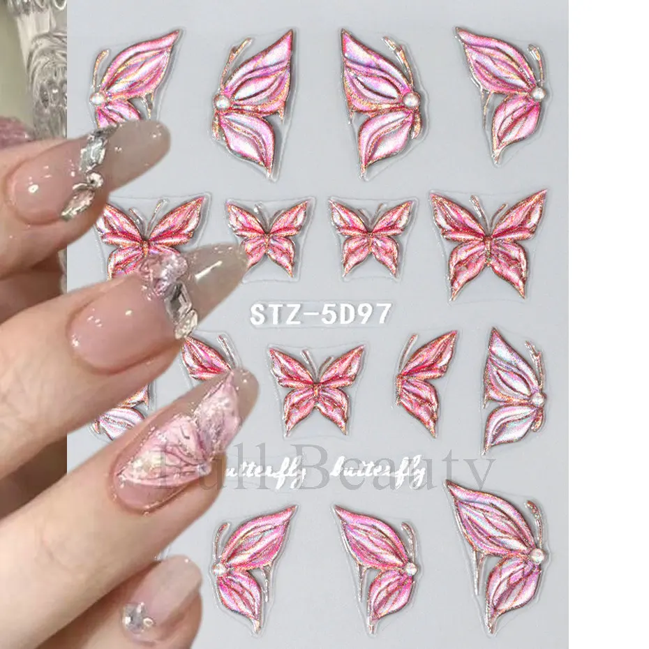 5D Firework Design Jelly Embossed Nail Art Sticker Spring Butterfly Nail Decals Decoration Soft Glue Sticker Accessories